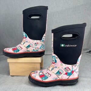 Oakiwear Kids Rain Boots Pink Black Owl Print Pull On Neoprene Rubber Size US 1